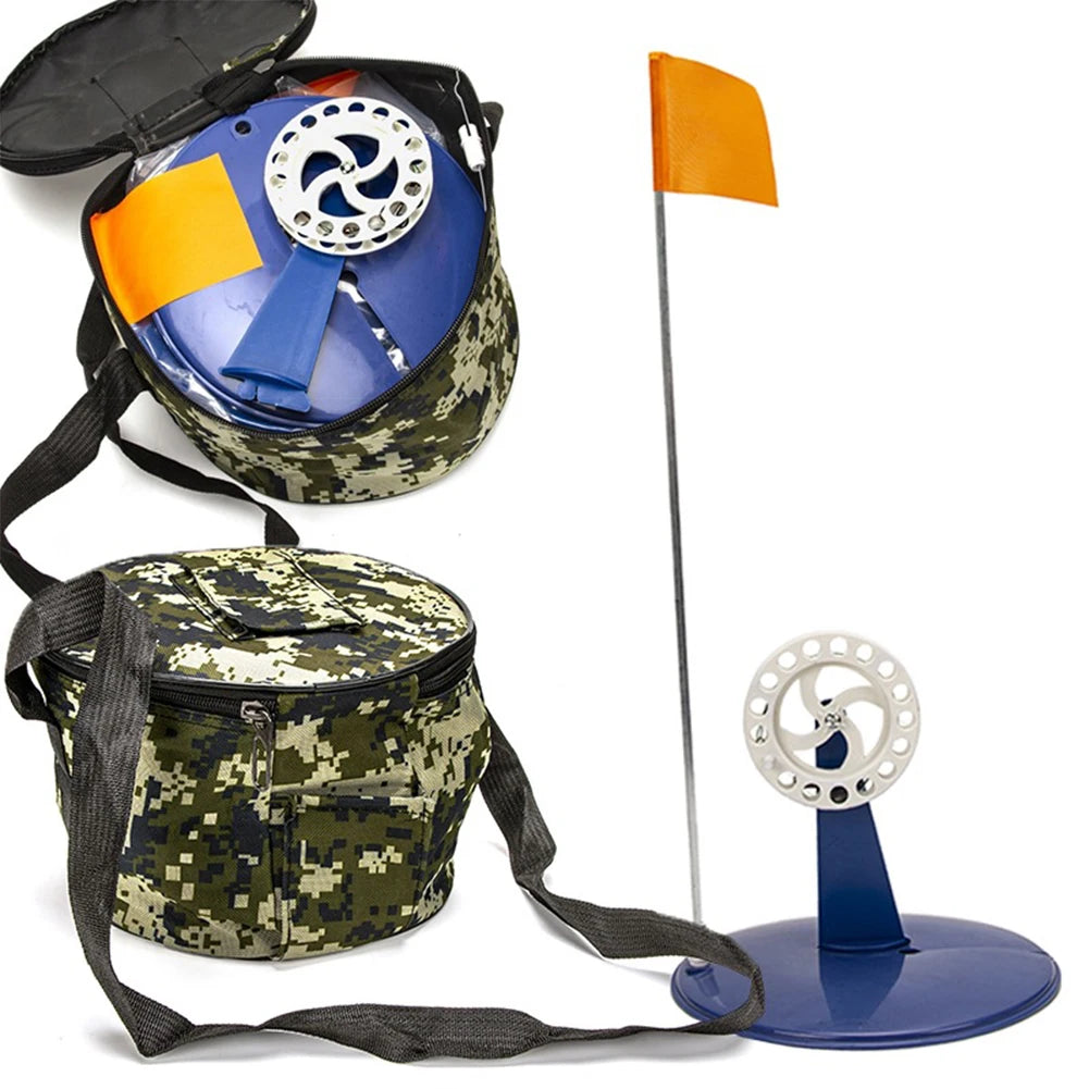 VKTECH 6 Piece Ice Fishing Tip Up Poles With Braking System And Carry Bag For Saltwater And Freshwater